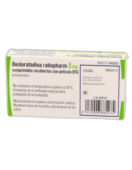 Imagen de DESLORATADINA RATIOPHARM EFG 5 mg 20 COMPRIMIDOS RECUBIERTOS
