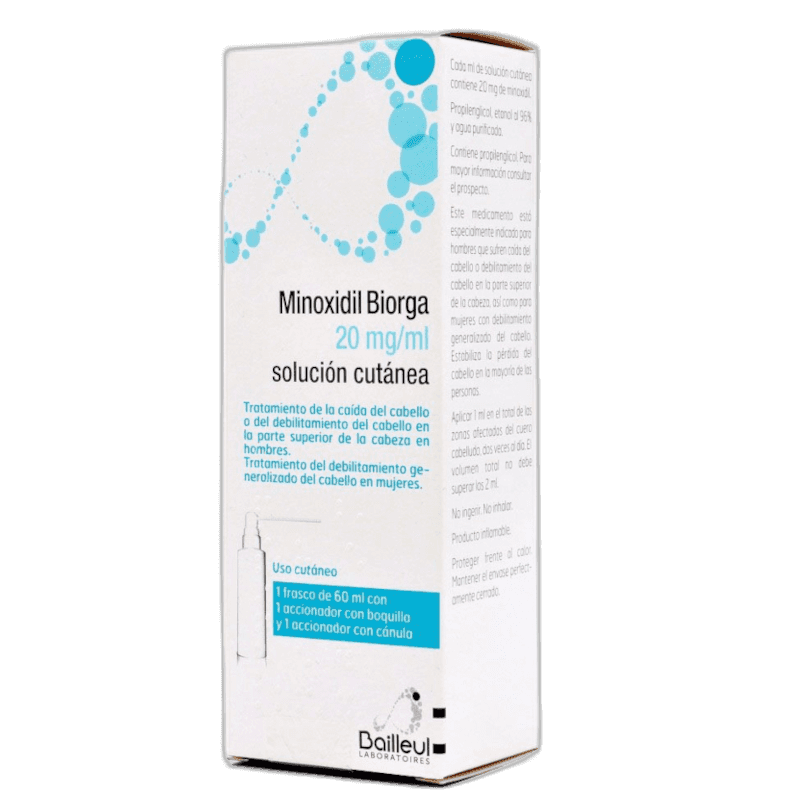 Imagen de MINOXIDIL BIORGA 20 mg/ml SOLUCION CUTANEA 1 FRASCO 60 ml + 1 ACCIONADOR DE BOQUILLA Y 1 ACCIONADOR CON CANULA