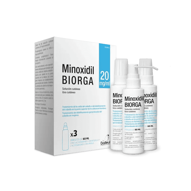 Imagen de MINOXIDIL BIORGA 20 mg/ml SOLUCION CUTANEA 3 FRASCOS 60 ml + 3 ACCIONADORES DE BOQUILLA Y 2 ACCIONADORES CON CANULA