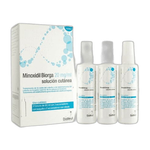 Imagen de MINOXIDIL BIORGA 50 mg/ml SOLUCION CUTANEA 3 FRASCOS 60 ml + 3 ACCIONADORES DE BOQUILLA Y 2 ACCIONADORES CON CANULA