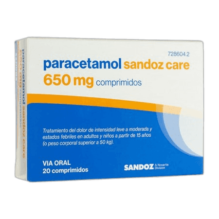 Imagen de PARACETAMOL SANDOZ CARE EFG 650 mg 20 COMPRIMIDOS