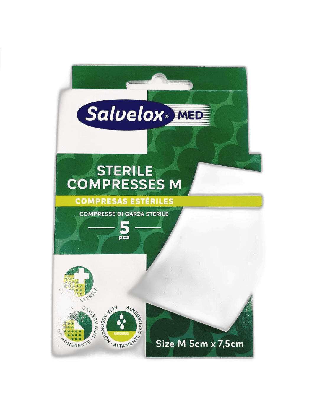 Imagen de SALVELOX MED STERILE COMPRESSES 5 APOSITOS TALLA M 7,5 CM X
